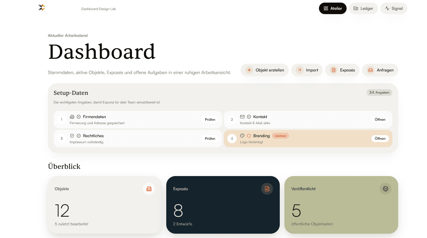 Expona Dashboard mit Setup-Daten, Objektübersicht und Schnellaktionen